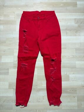 SHEIN Bright Red Distressed Skinny Jeans